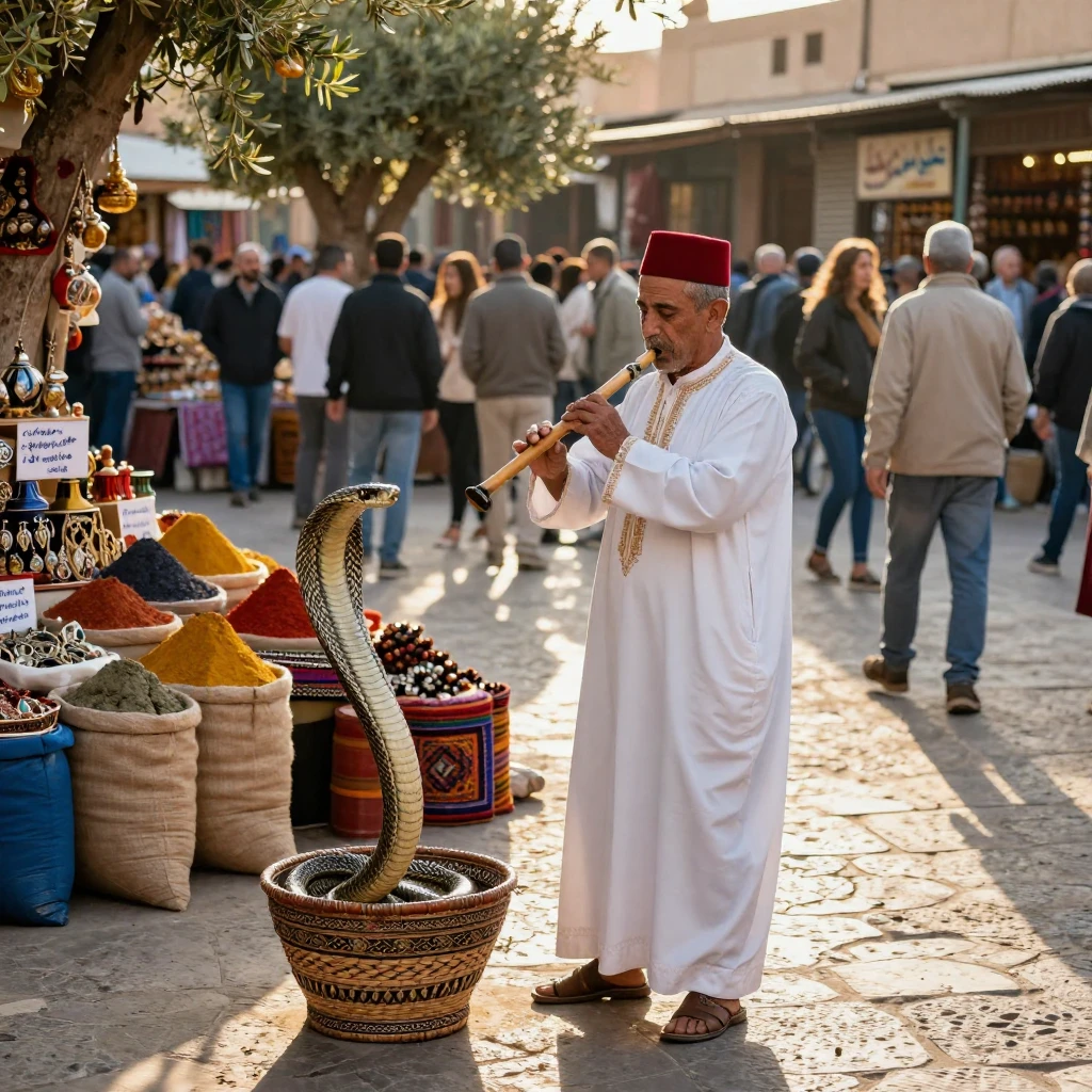 A Moroccan snake charmer in a bustling market square