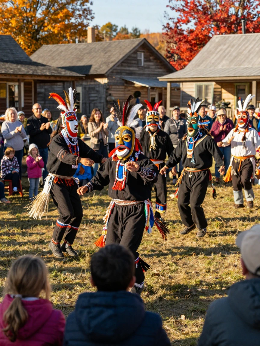 Traditional dancers in elaborate masks perform for a village audience during a harvest ceremony.