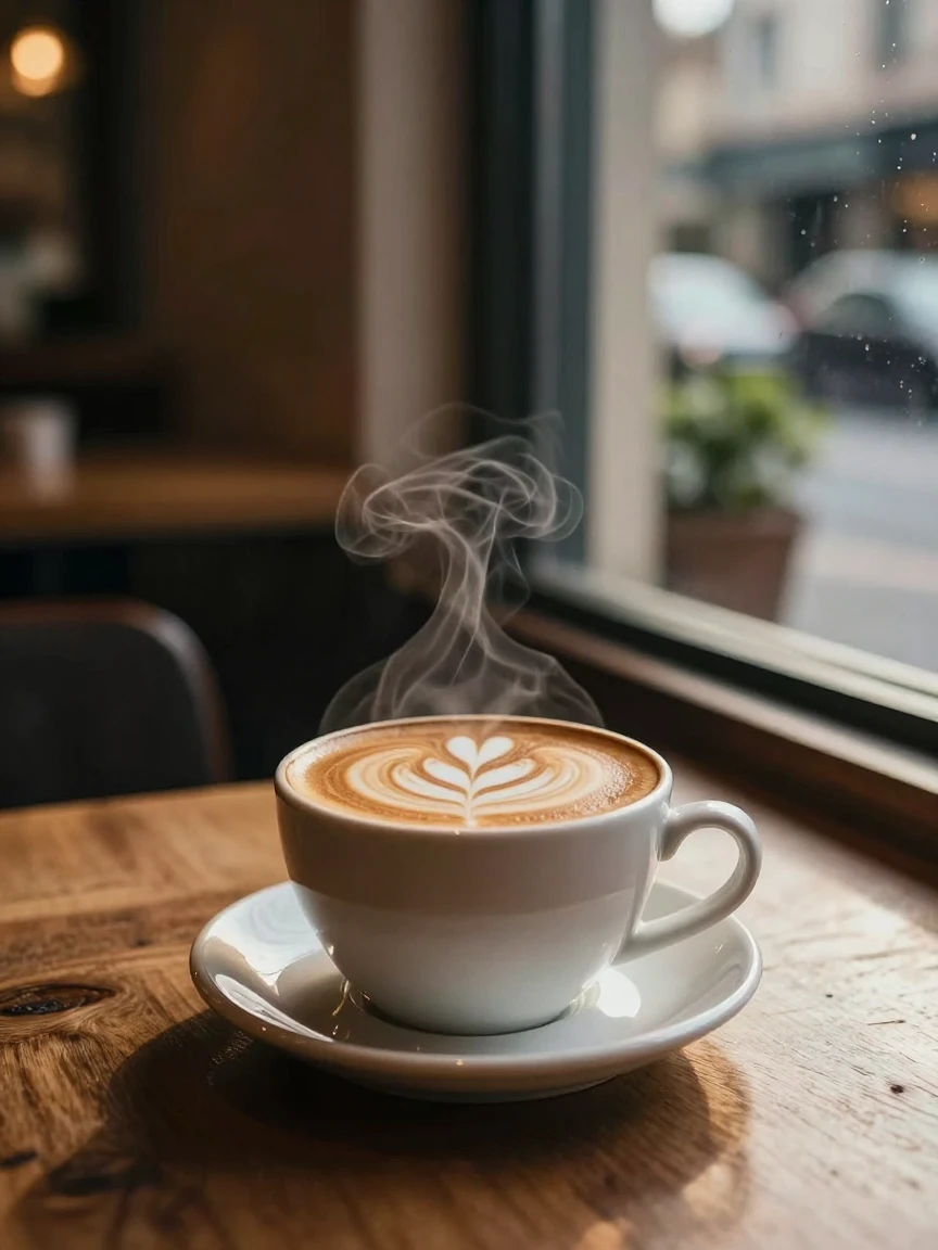 A steaming cup of coffee with delicate latte art in a cozy cafe window
