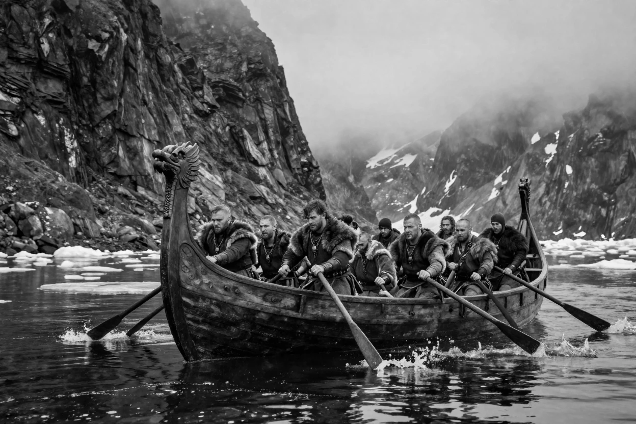 A Viking longship crew rows across icy northern waters beneath towering cliffs.
