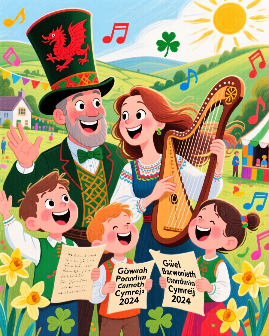 A family celebrating a traditional Welsh poetry and music festival.