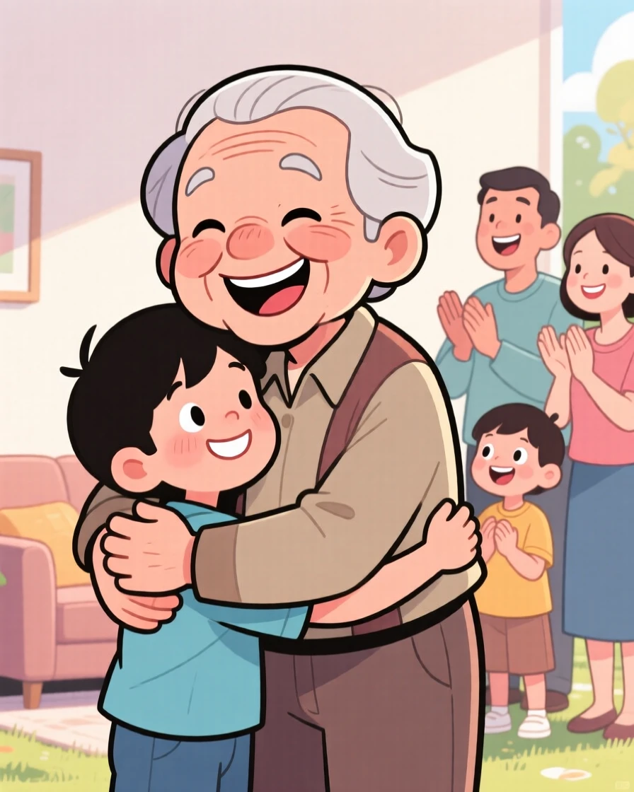 A heartwarming moment depicting a proud grandparent sharing an unexpected, tender embrace, surrounded by loved ones cheering quietly.