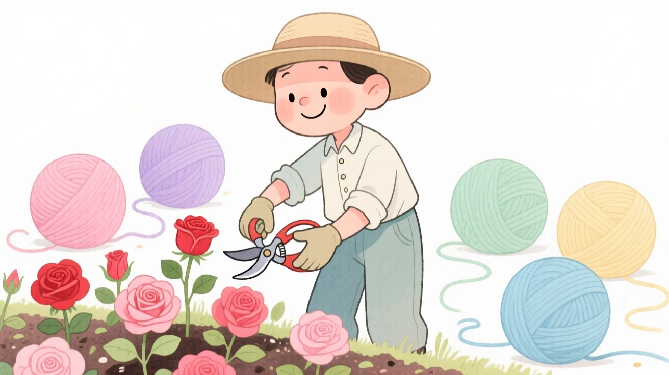 A gardener tending roses surrounded by balls of colorful yarn