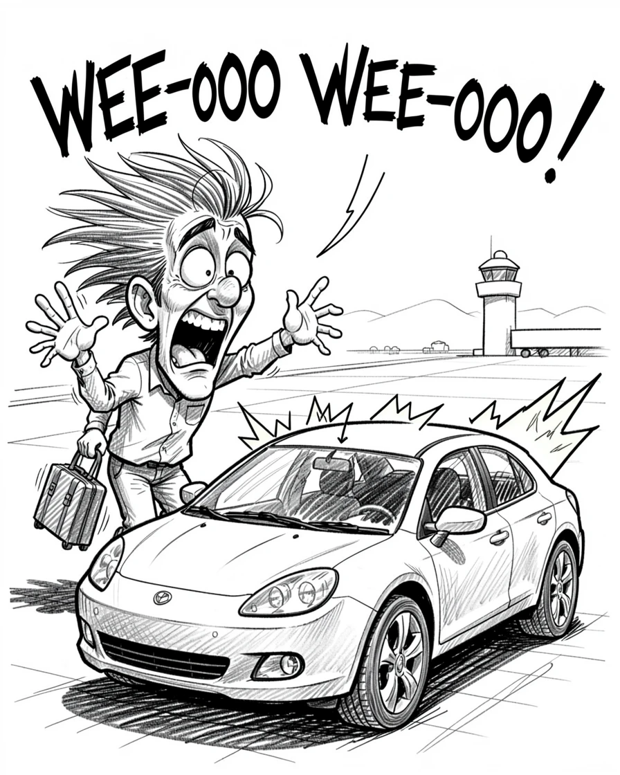 [Funny & Exaggerated Situations] Comical scene of a panicked airplane passenger accidentally setting off a car alarm, exaggerated for maximum laughs