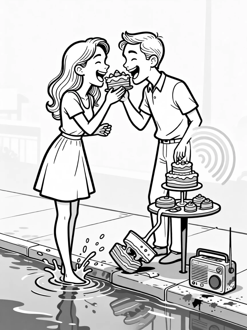 A couple feeding each other messy bites of cake, grinning competitively while narrowly avoiding a display, set splashing through a flooded sidewalk. A paint-stained radio plays faintly in the background. It radiates warmth, laughter, and quiet devotion.