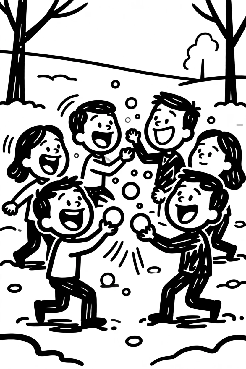 A group of friends having a joyful snowball fight in a snow-covered park.