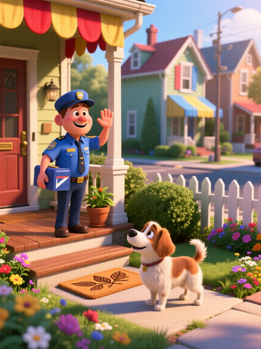 A mail carrier waving to a neighborhood dog is captured on a porch overlooking a quiet garden, with colorful awnings lining the street. The mood is calm, familiar, and quietly delightful.