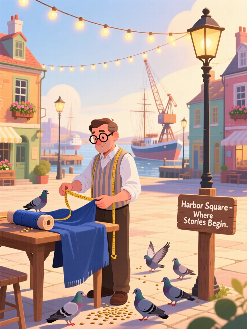 A tailor measuring fabric pauses while feeding pigeons in a quiet square in a bustling harbor town, while string lights twinkle overhead.