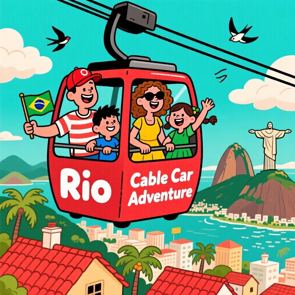 A family riding a cable car above the rooftops of Rio de Janeiro.