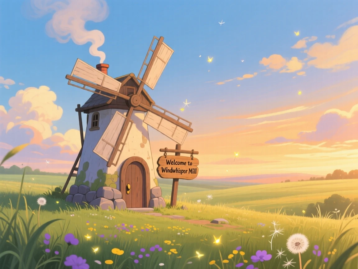 A charming view of a windmill standing alone against a wide open sky, with smoke curling gently from its chimney.