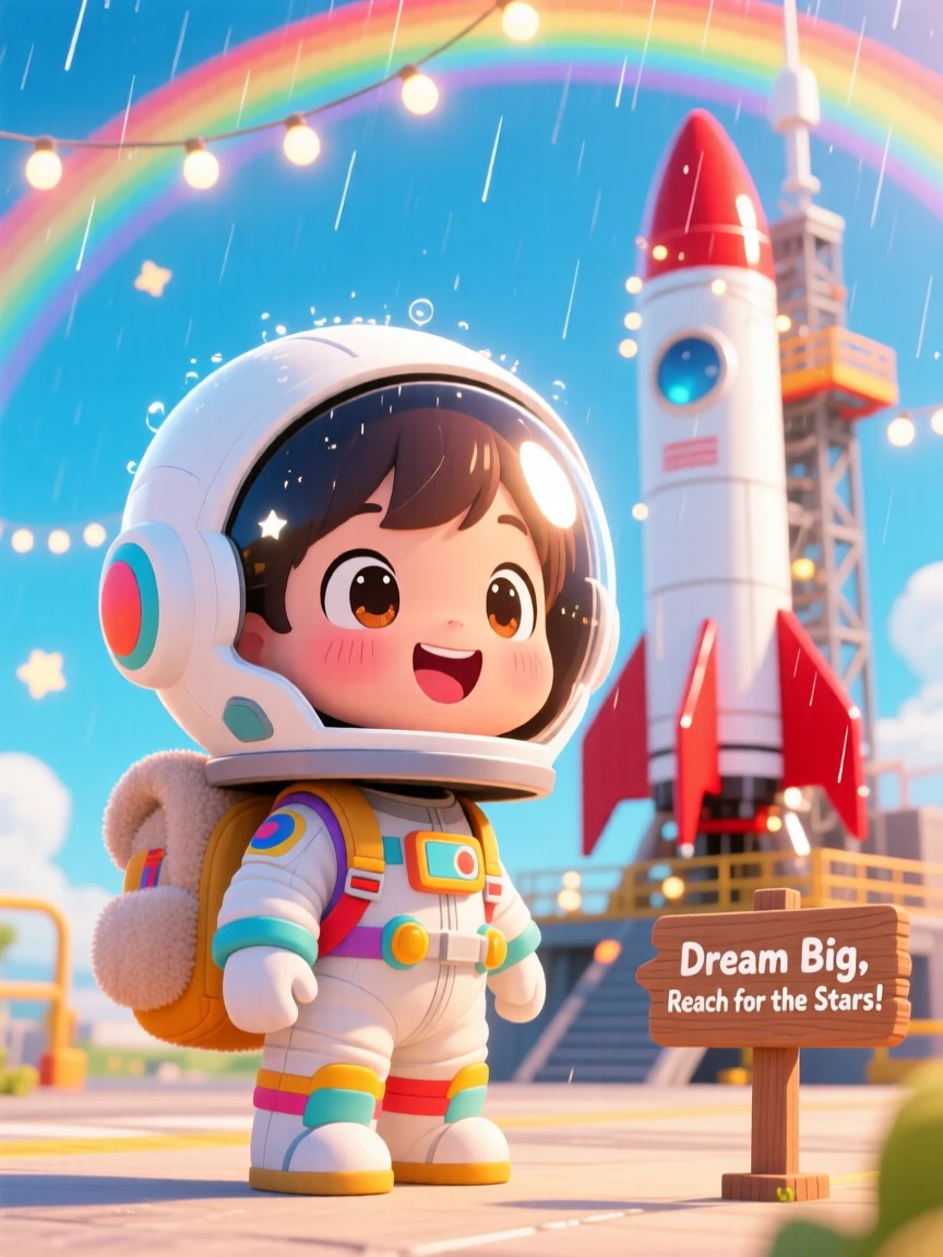 In a sunny launch pad, a young astronaut is boarding a rocket ship with a backpack under a rainbow after the rain, bathed in warm fairy-light glow, expression full of giggling amusement. Shot as a close-up portrait.