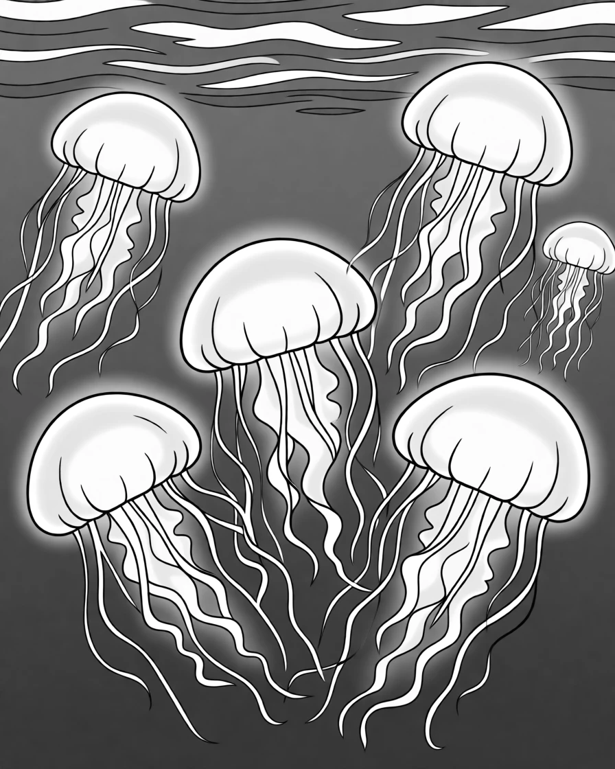 A group of jellyfish glowing softly in deep blue water