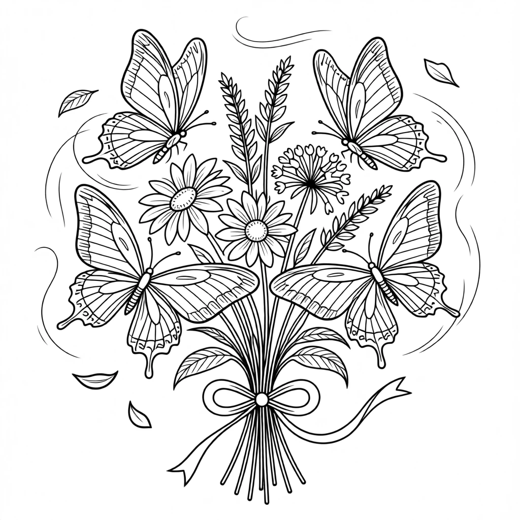 A cluster of butterflies resting on a bundle of wildflowers, with dramatic feather detail catching the wind.