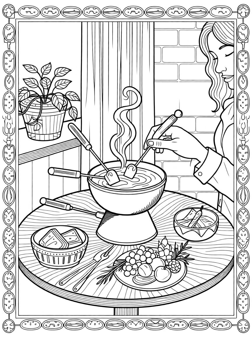 A cozy fondue scene with melted cheese and skewers of bread.