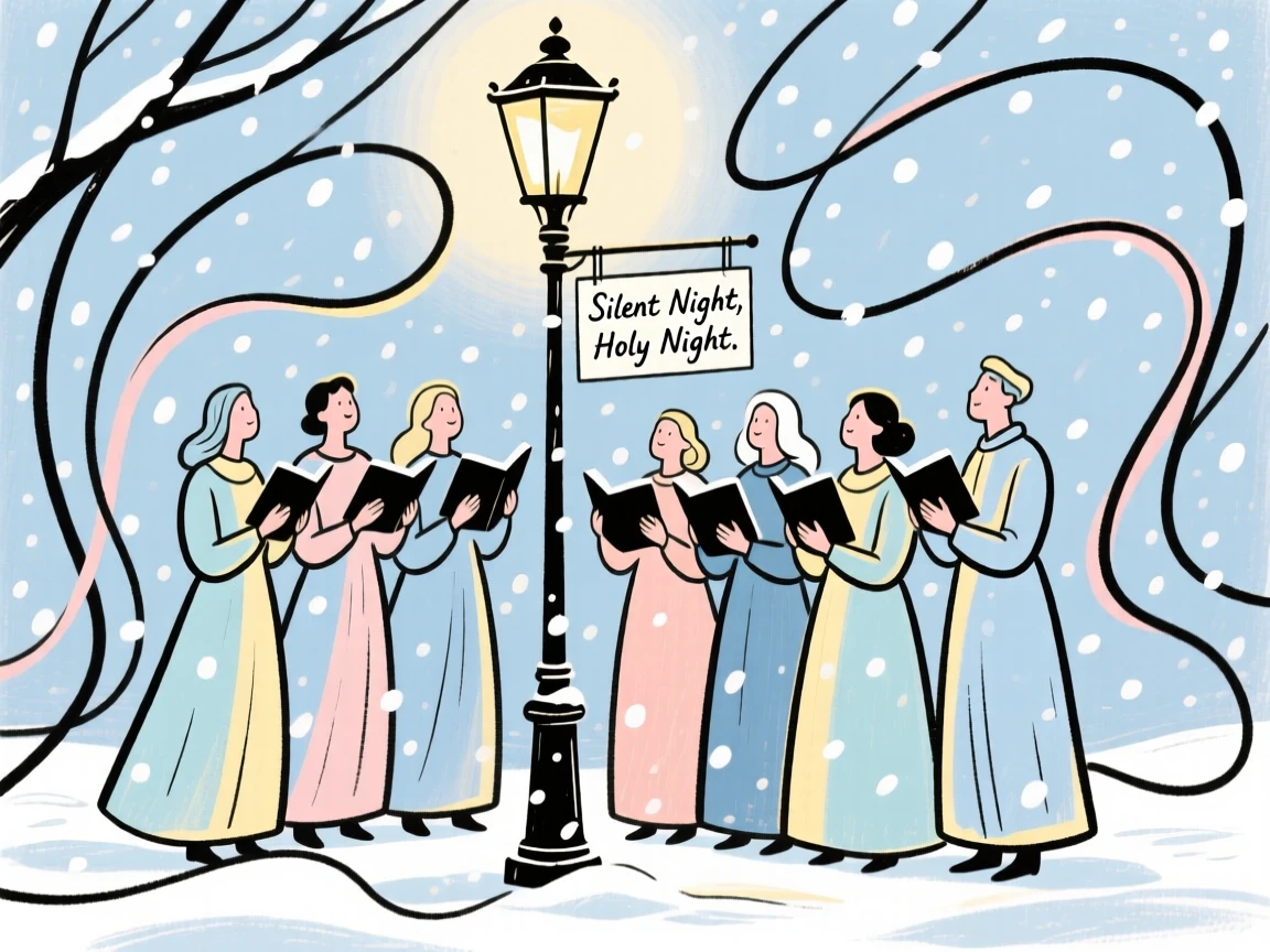 A group of carolers gathered around a lamppost in falling snow.