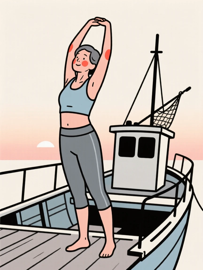 A middle-aged woman stretching after a morning run, on a fishing boat at dawn.