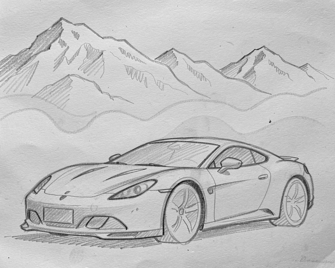 A striking scene of a sleek sports car parked at sunset against a backdrop of snow-capped mountains, with soft morning fog rolling through the scene.