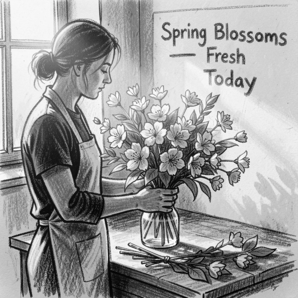 A florist arranging a bouquet of fresh spring flowers, in the warm glow of early morning light.