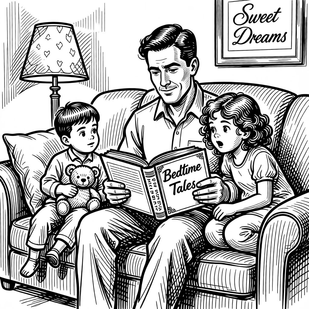 A man reading bedtime stories to his children on a cozy couch.