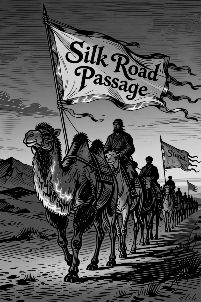 A caravan crossing the silk road under banners fluttering in the wind, with the glow of firelight on weathered faces, portrayed in a peacefully ceremonial historical scene.