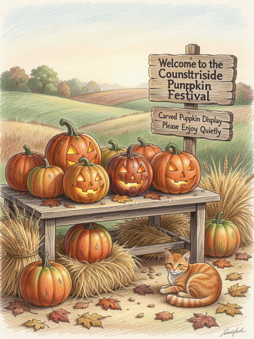 A countryside pumpkin festival with carved jack-o-lanterns on display, with rich, inviting textures throughout the scene, capturing a quiet story that lingers with the viewer.