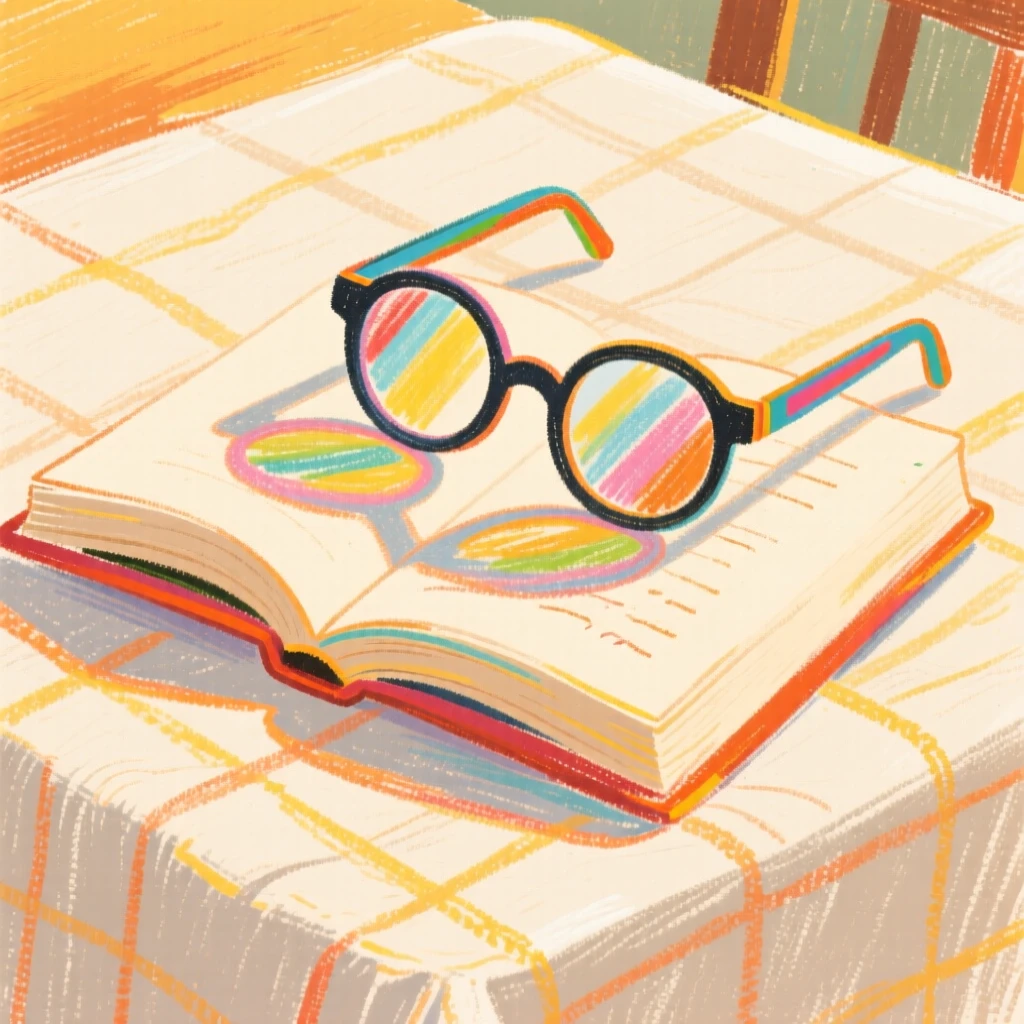 A pair of reading glasses beside a novel set on a linen tablecloth in the afternoon light.