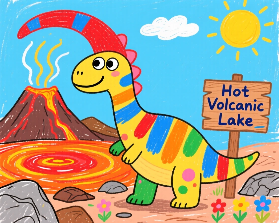 A colorful parasaurolophus with a curved crest beside a steaming volcanic lake.
