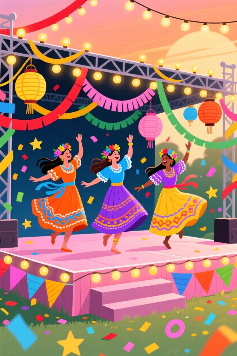 A colorful summer festival stage with dancers in vibrant costumes, surrounded by confetti and colorful paper decorations, arranged with vibrant colors creating a celebratory mood, with warm twinkling lights adding a magical sparkle.