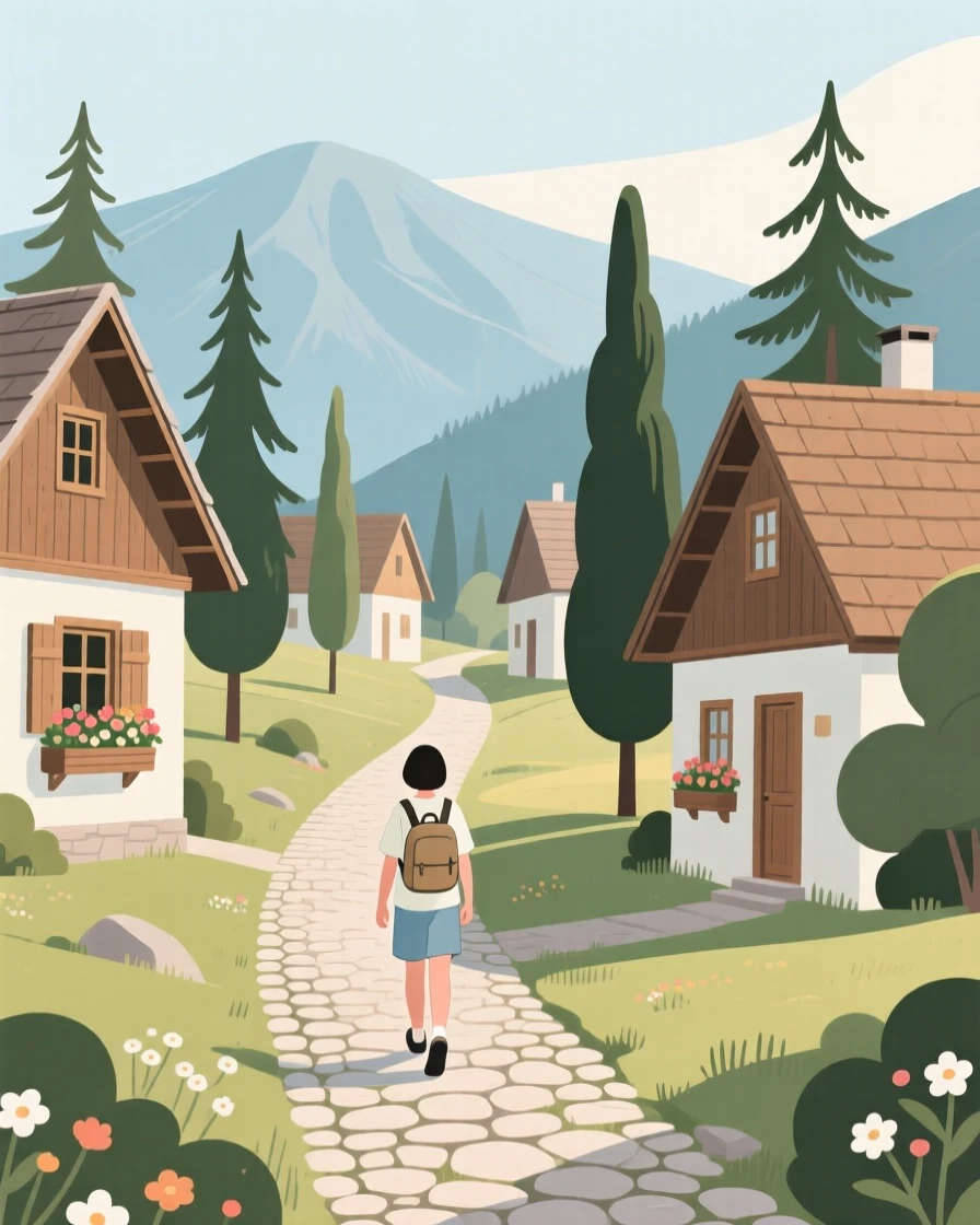A summer scene of a quiet morning walk in a mountain village.
