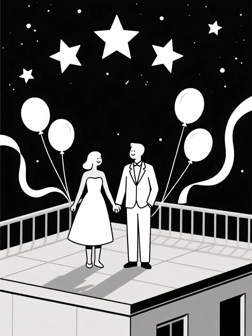 A joyful wedding celebration taking place in a rooftop under the stars, decorated with balloons and streamers, full of joyful celebration.