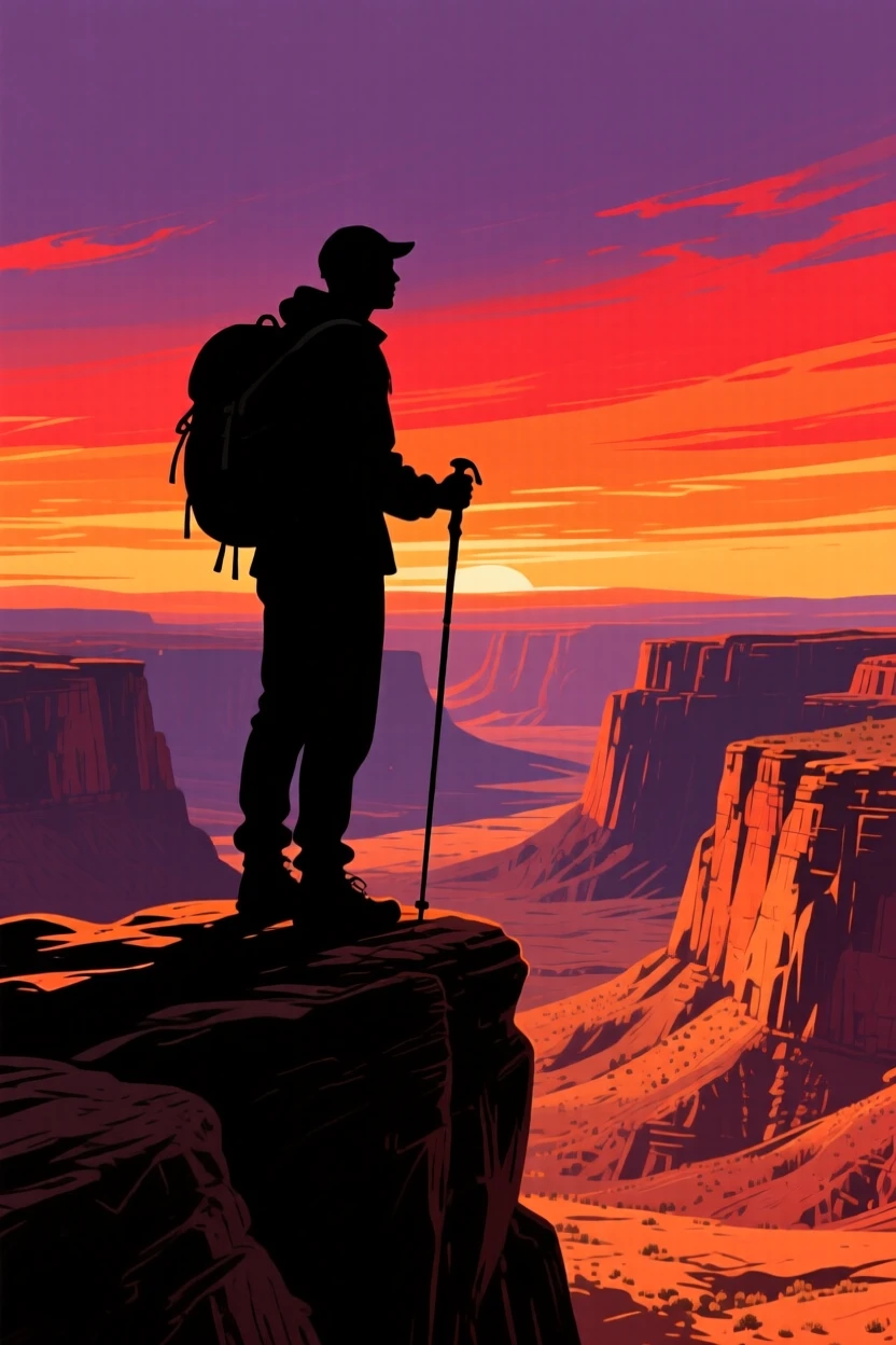 A solo hiker silhouetted against a wide desert canyon at sunset.