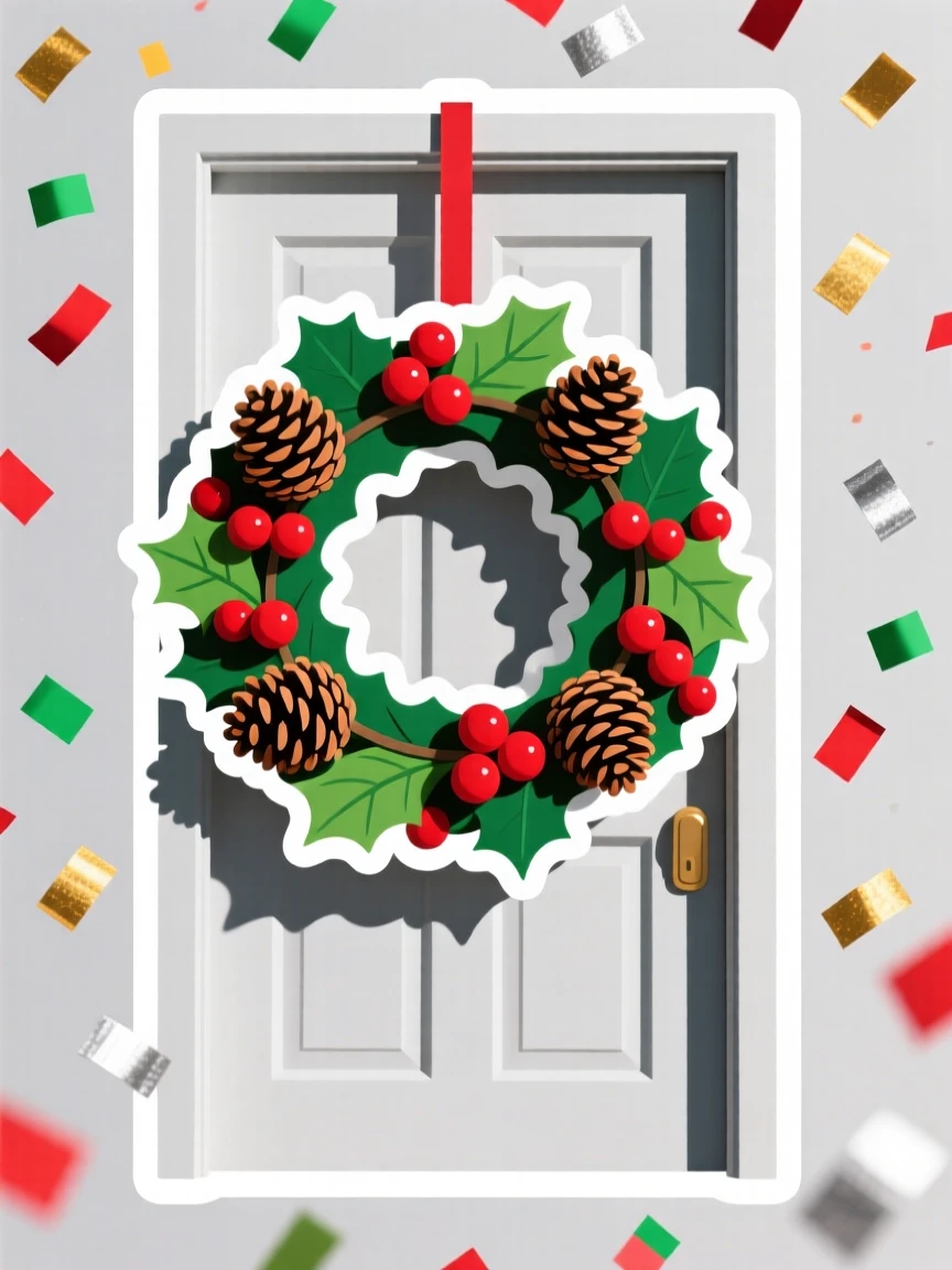 A brightly colored wreath made of holly and pinecones on a door, surrounded by falling confetti, during a beloved yearly tradition.