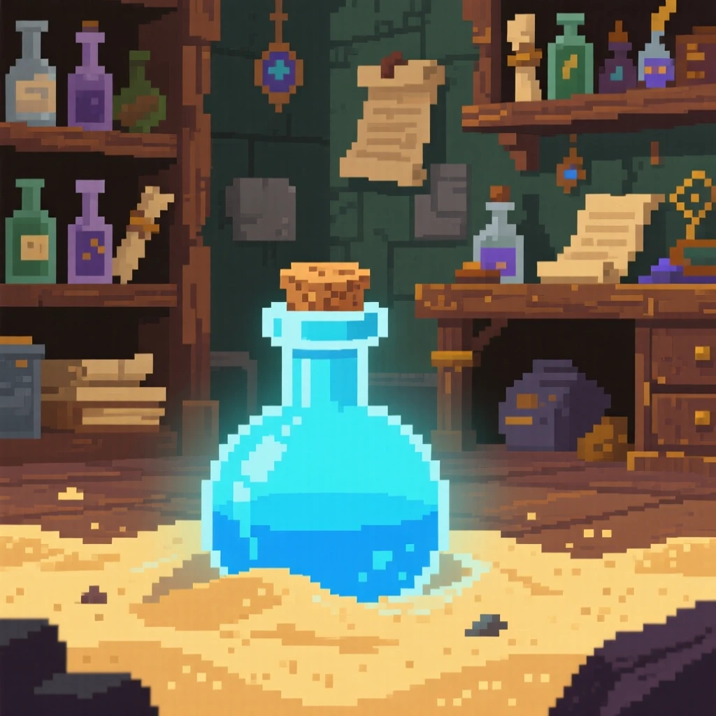 A potion bottle glowing faintly blue half-buried in sand on a forgotten beach, inside a wizard's cluttered study.