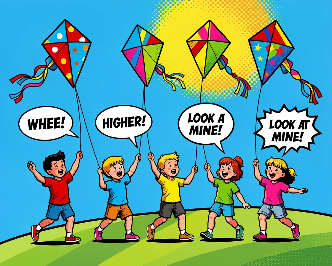 A group of children flying kites on a breezy hillside