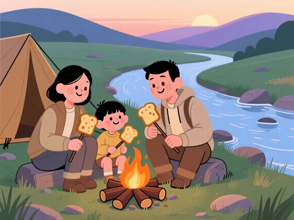 A family sets up camp beside a gentle stream as the last light of day fades behind the distant hills, toasting bread on sticks around a small fire.