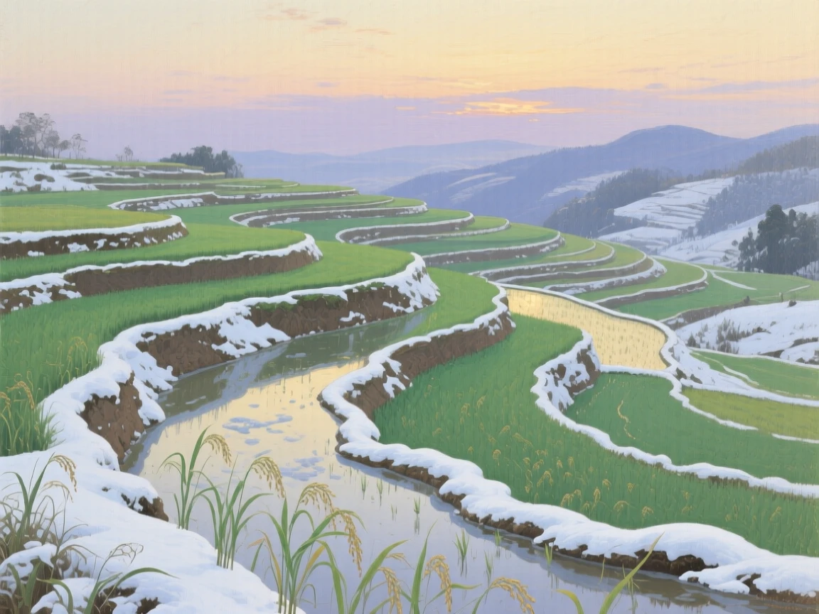 A wide establishing shot of a terraced rice paddy glowing green under a soft sky, at dusk, under a fresh blanket of winter snow.