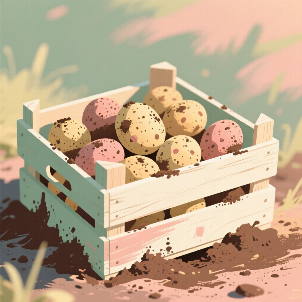 A crate of freshly harvested potatoes still dusted with soil