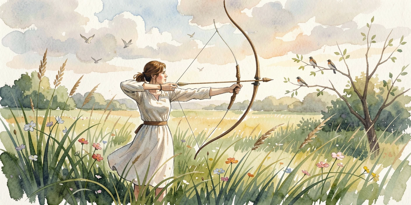 A woman practicing archery in a green meadow as birds chirp softly in the background.