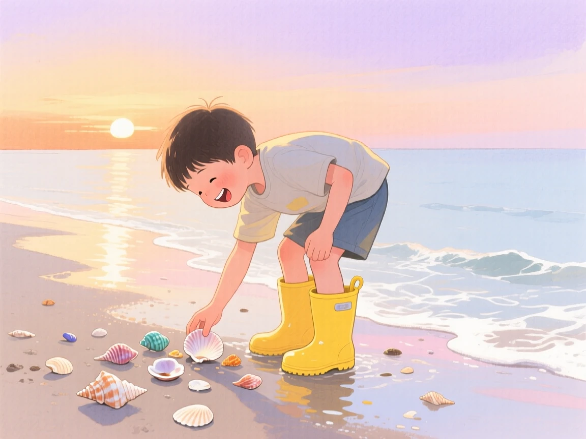 A young boy in rain boots collects seashells along the shore on a quiet beach at sunset, laughter and joy filling the warm afternoon air
