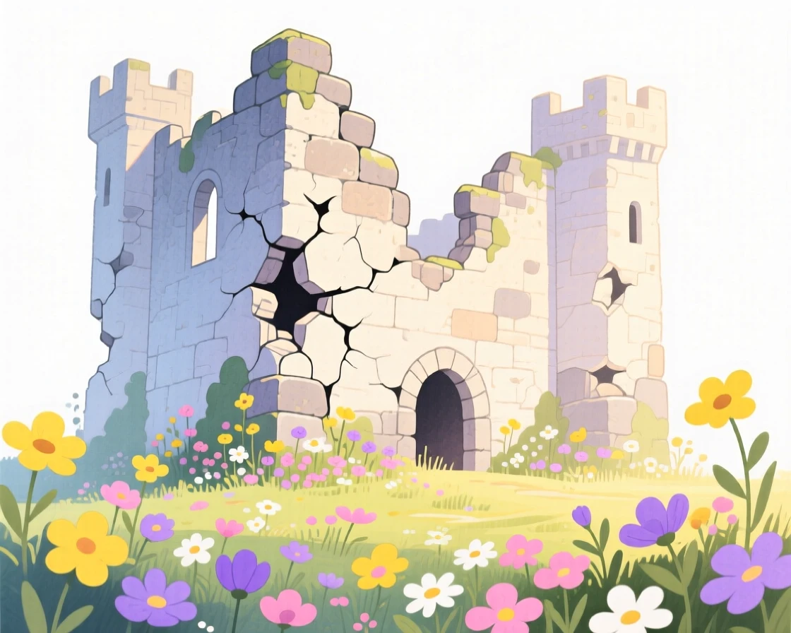 A crumbling castle ruin overtaken by wildflowers, bathed in soft magical light.
