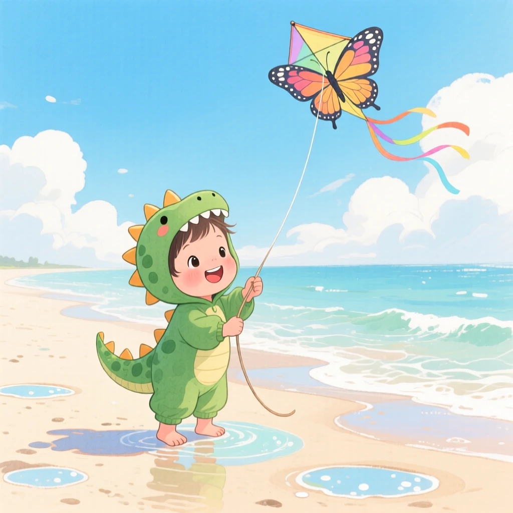 A toddler in a dinosaur costume flying a kite that dances against fluffy clouds, in a beach at low tide with gentle waves, brimming with carefree happiness.