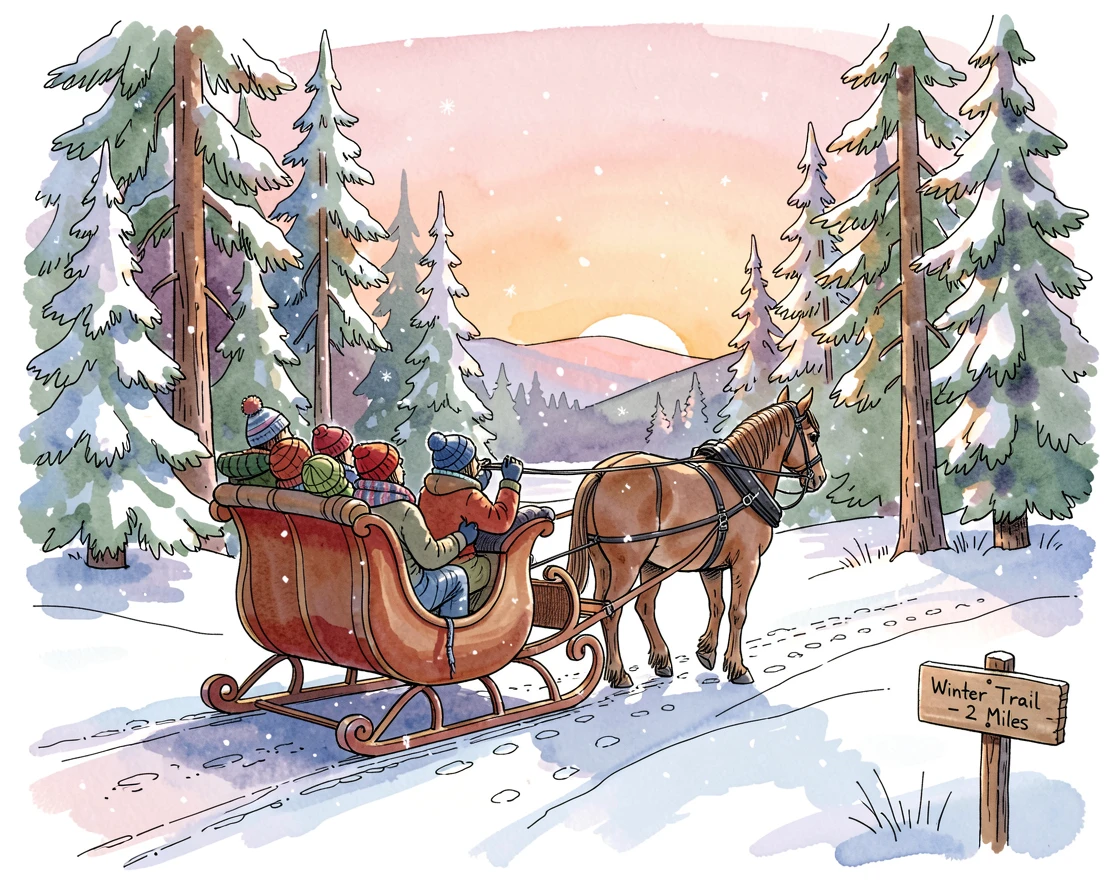 A winter sleigh ride through a snow-covered forest at dusk, a nostalgic, comforting atmosphere settling over the scene.