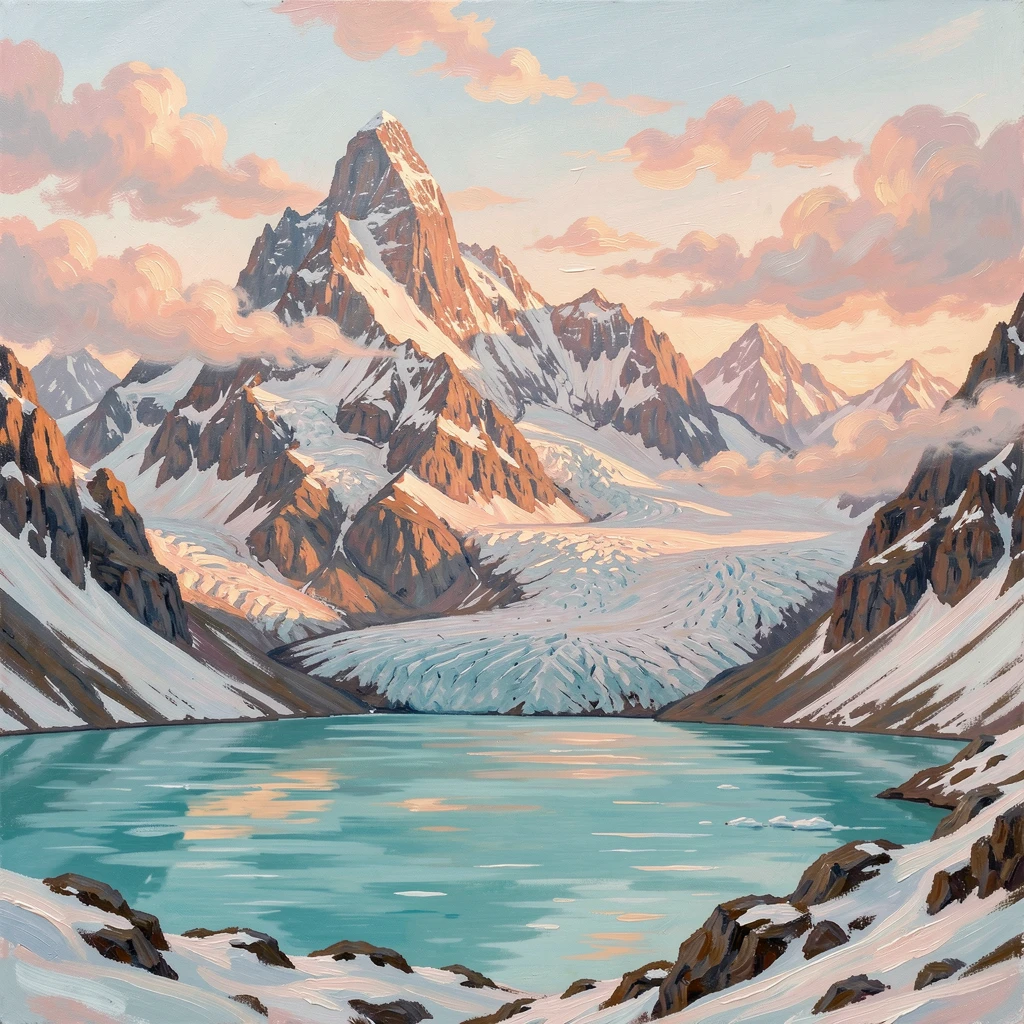 A jagged, snow-capped mountain range, beside a turquoise glacial lake, wisps of cloud drifting silently through the passes, at sunrise, rose-gold light spilling across the snowfields.