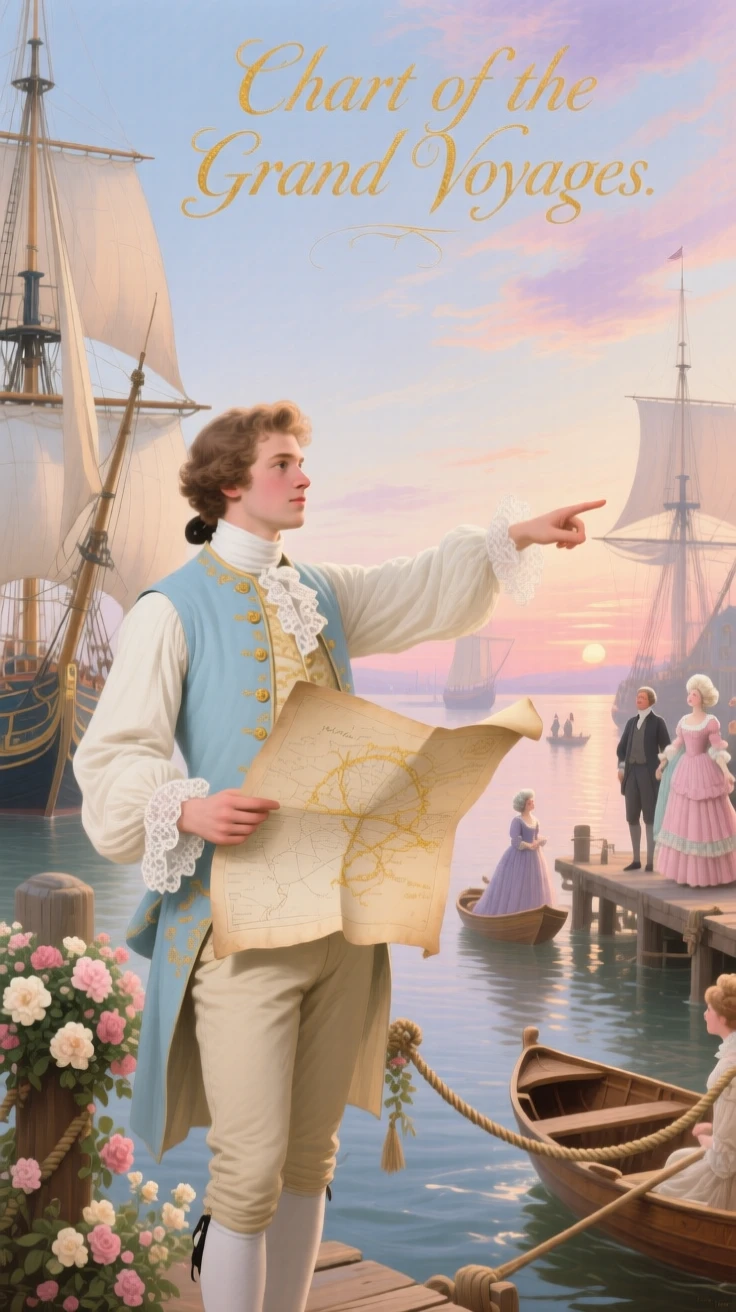 A young man representing adventure, holding a map beside a ship-filled harbor  