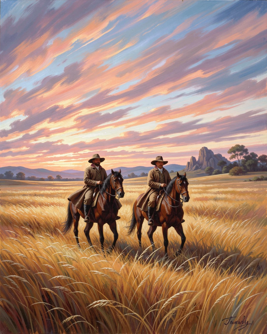 A pair of riders wanders through an endless field of tall grass beneath a sky streaked with color.