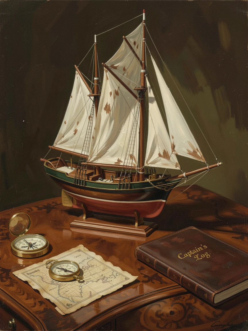 A vintage sailboat model displayed on a captain's polished wooden desk, arranged with careful, deliberate elegance, radiating warmth, richness, and understated opulence