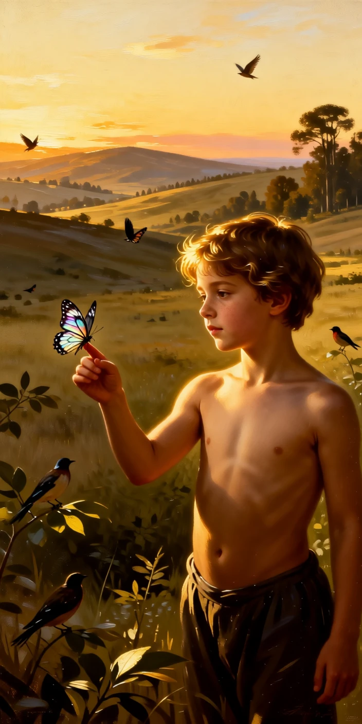 A butterfly resting delicately on a child's outstretched hand as the golden light of dawn or dusk catches every detail, set within an untouched wilderness far from human hands, with small birds or butterflies adding quiet movement to the scene; the animal is placed off-center to leave room for the vast, breathing landscape, filled with gentle warmth and admiration for living creatures.