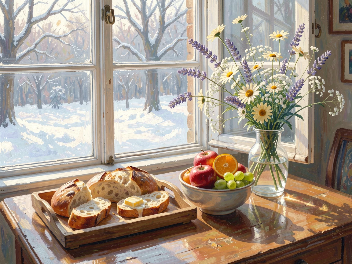 A sunlit breakfast table set with fresh fruit, warm bread, and a vase of wildflowers by an open window, under a fresh blanket of snow, inspiring awe at the beauty of the scene.
