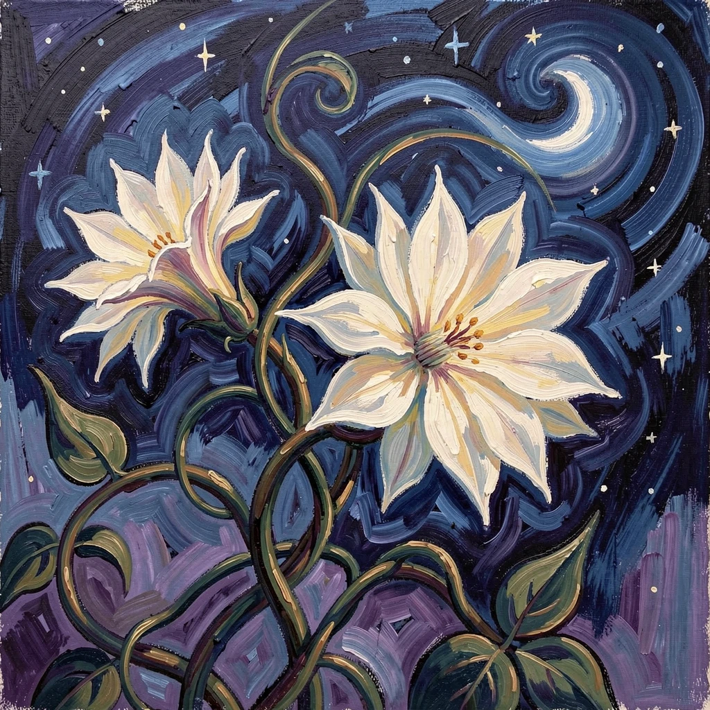 A moonflower vine blooming under starlight, pale petals glowing in the darkness.