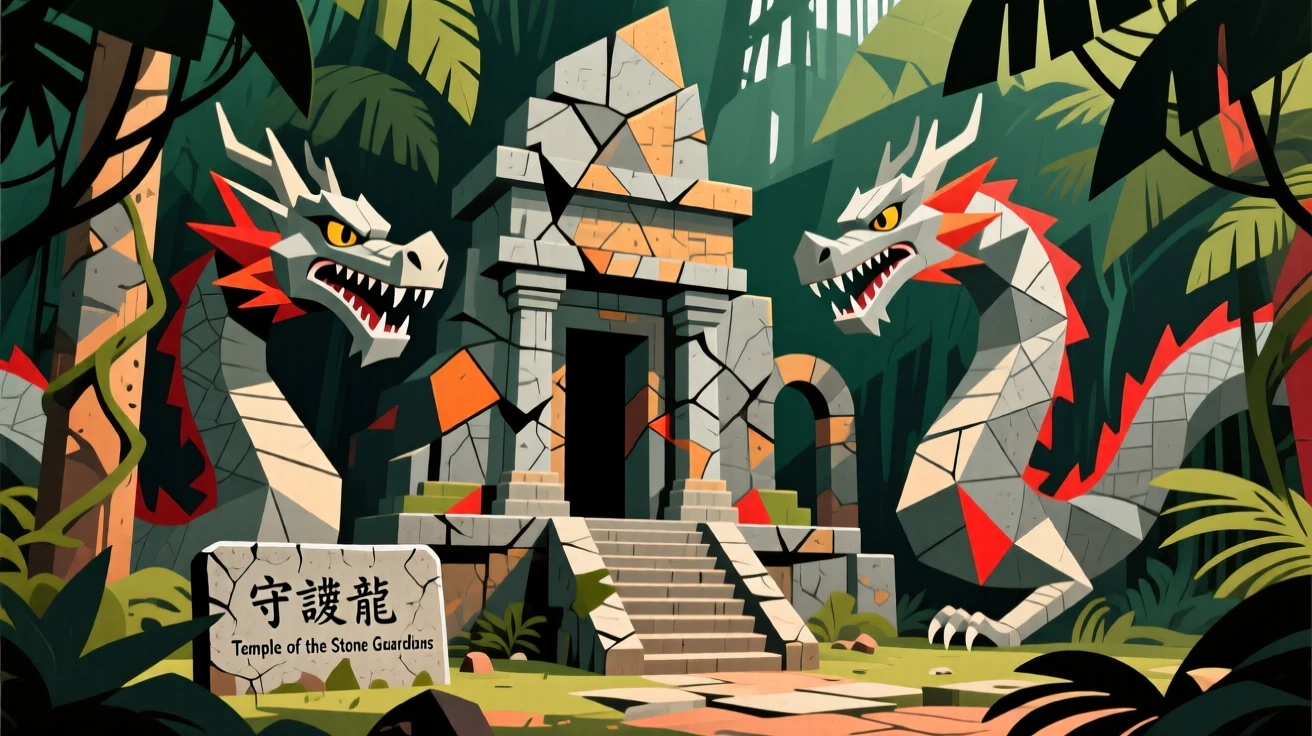 An ancient temple guarded by stone dragons deep within a jungle ruin.